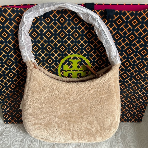 Tory Burch Emerson Shearling Shoulder Bag Fresh Wheat Gold Tan Brown Cream - Picture 11 of 11